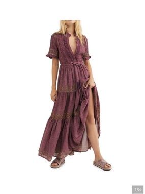 Free People Plum Printed Tassel-Tie Maxi Dress